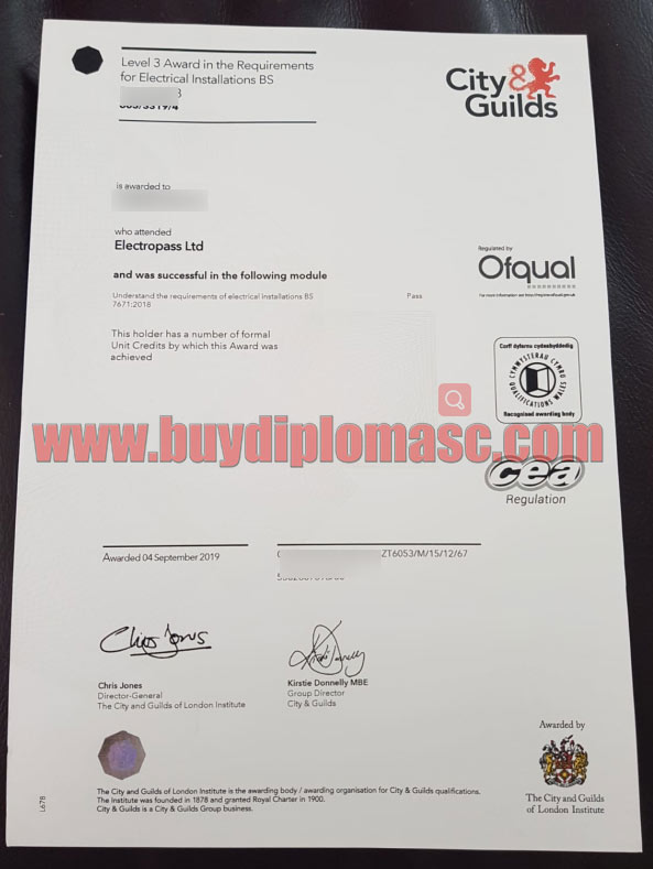 City Guilds certificate sample