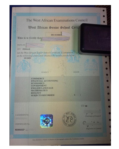 latest fake West African Senior School Certificate sample.