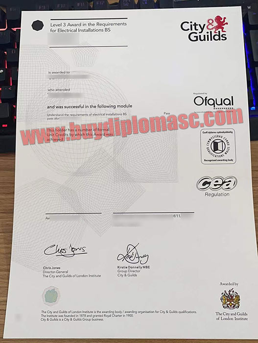 City Guilds level 3 in Electrical industry certificate sample