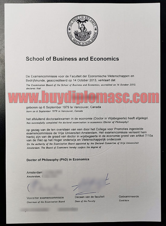 Fake VU Amsterdam degree certificate