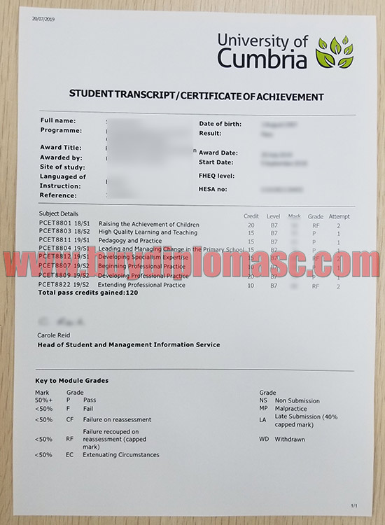 Fake University of Cumbria Transcripts