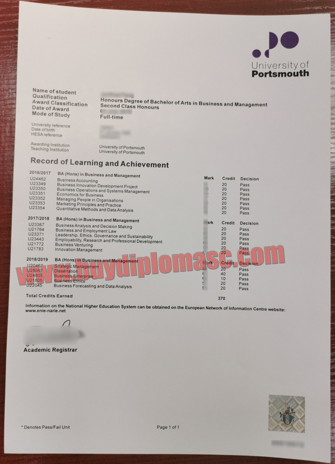 University of Portsmouth degree Sample