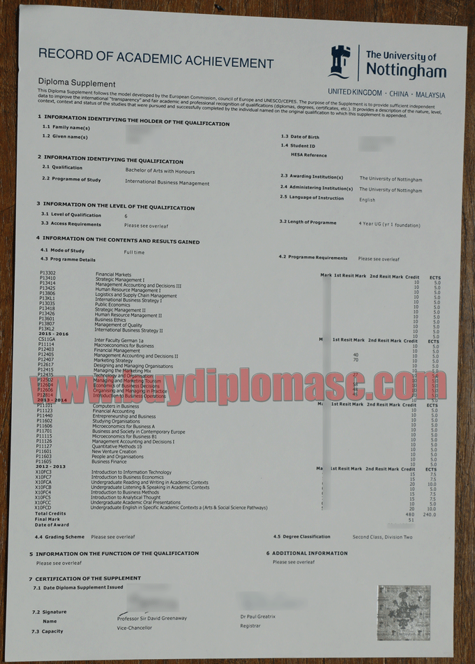 Nottingham University Transcript Sample