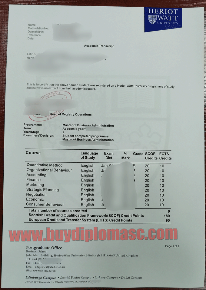 Heriot-Watt University Transcript sample