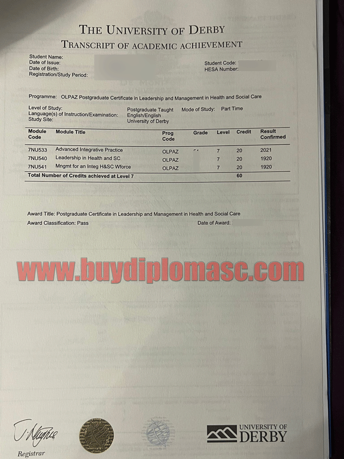 University of Derby Transcript