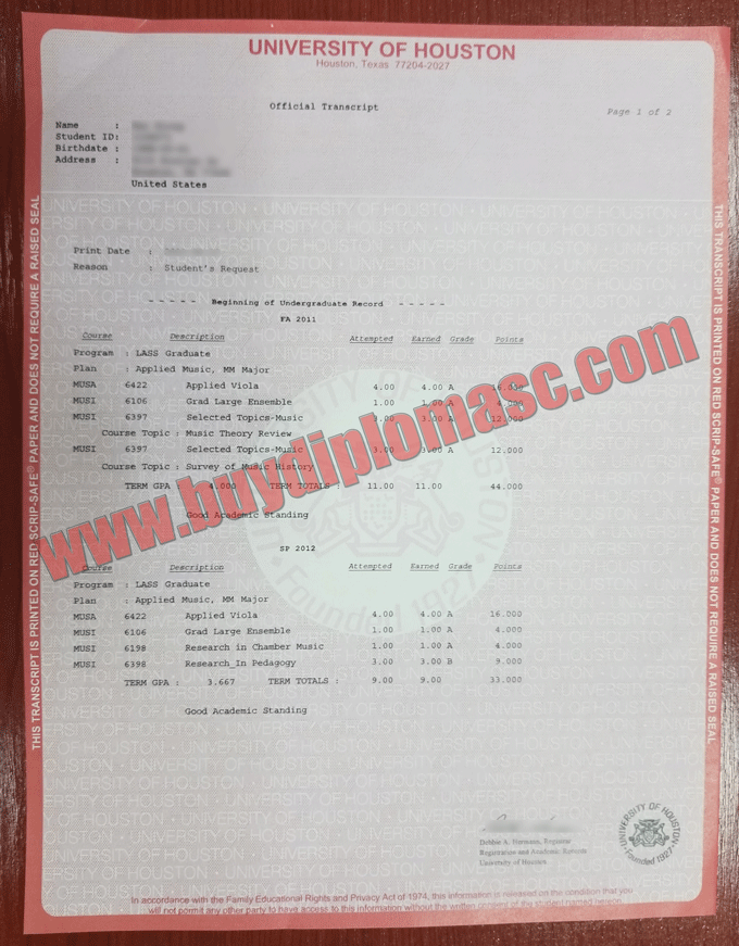 University of Houston Transcript Certificate