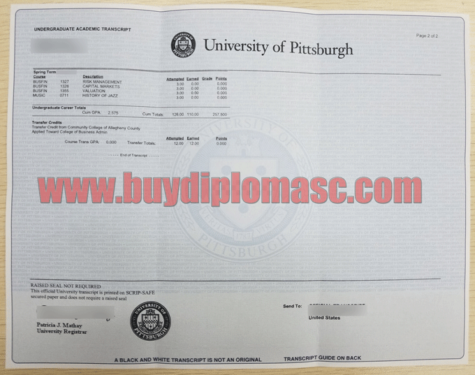 PITT Transcript certificate