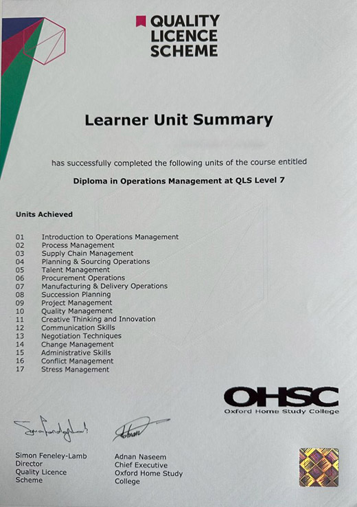 Operational Management QUALITY LICENCE SCHEME 7th Level Diploma Certificate Sample