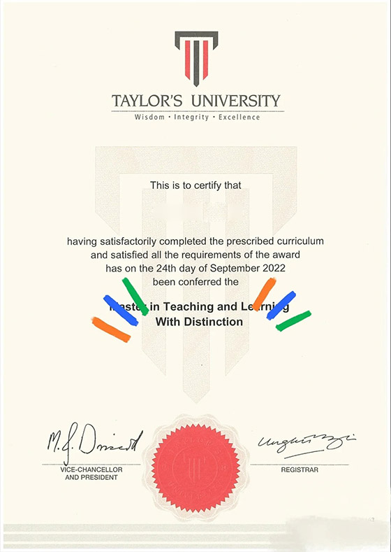 Taylor's University Certificate Sample-2022