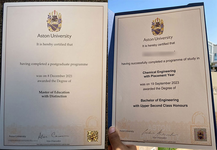 Sample case of Aston University degree certificate