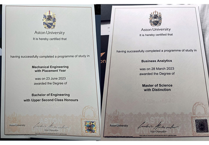 Sample of Aston University Degree Certificate