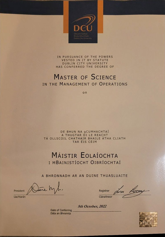 Sample of the Master of Science Degree from Dublin City University in 2022