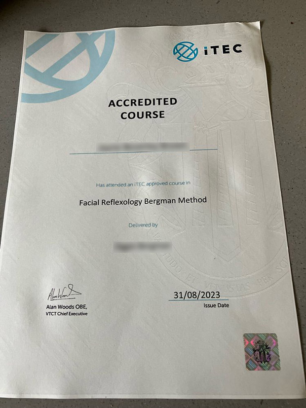 ITEC Facial Therapy Certification Certificate