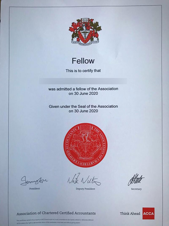 2021 ACCA Certificate Sample