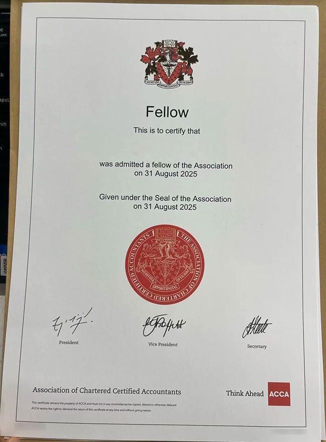 2025 ACCA Certificate Samples