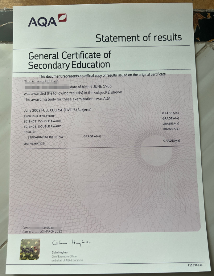 2022 AQA Examinations Authority GCSE Certificate