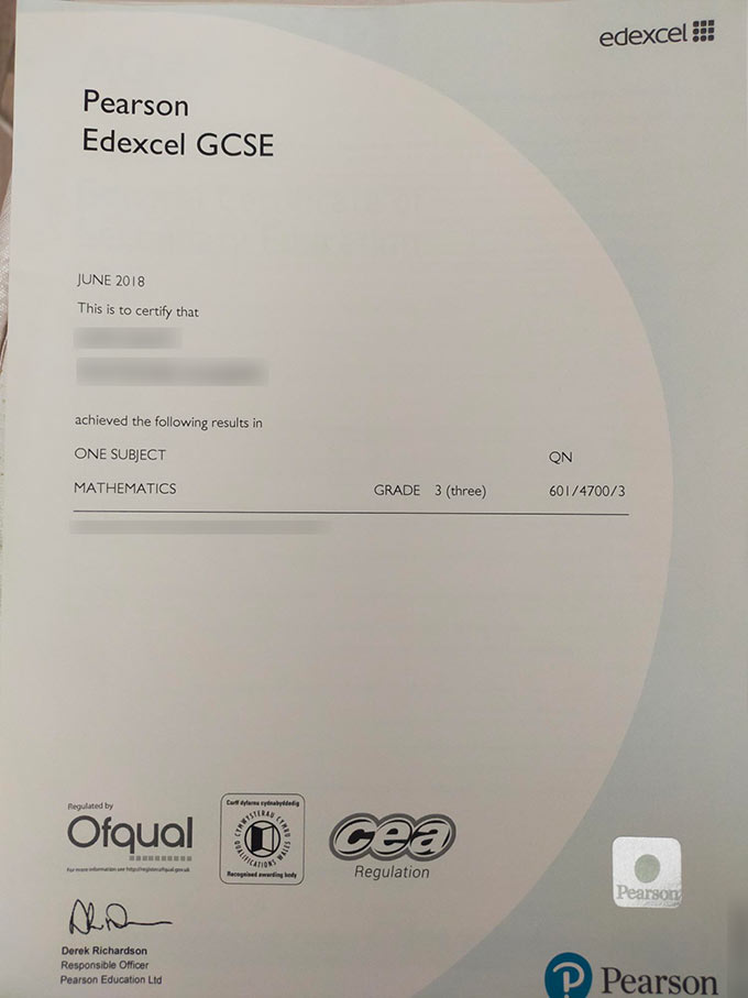 Sample 2018 Pearson Edexcel GCSE Certificate
