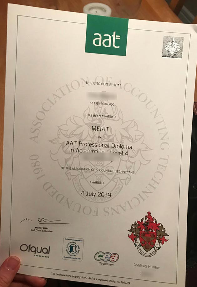 Sample of AAT Level 4 Accounting Diploma Certificate in 2019