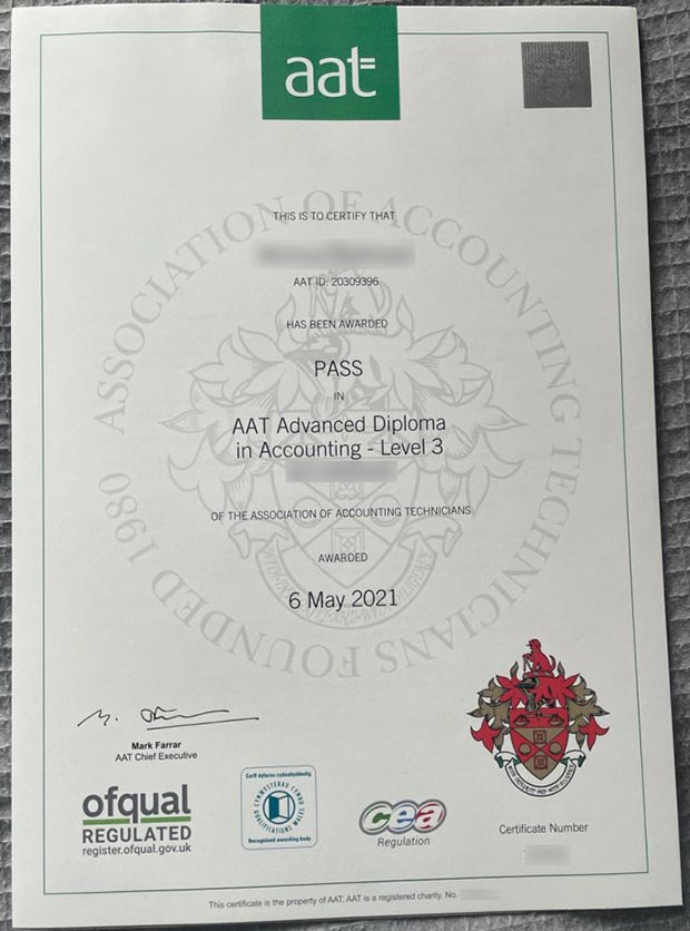 Sample of AAT Level 3 Accounting Diploma Certificate in 2021