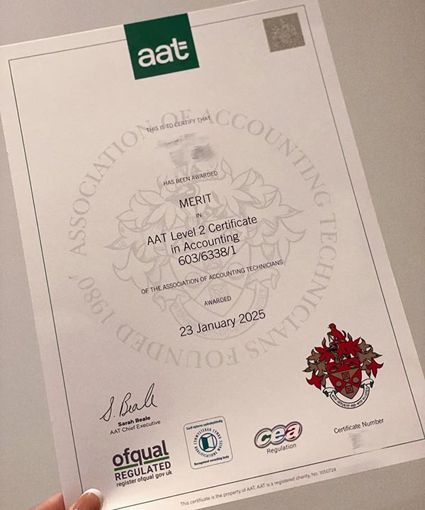 Sample of AAT Level 2 Accounting Diploma Certificate in 2025