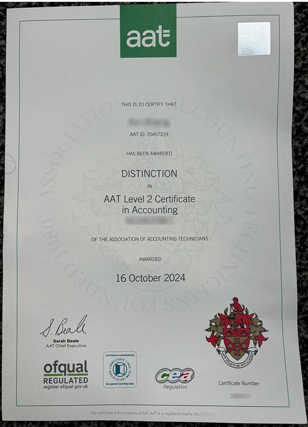 Sample of AAT Level 2 Accounting Diploma Certificate in 2024