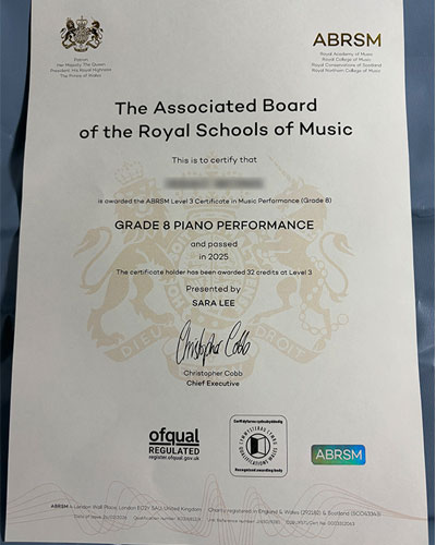 Sample of ABRSM Diploma Certificate