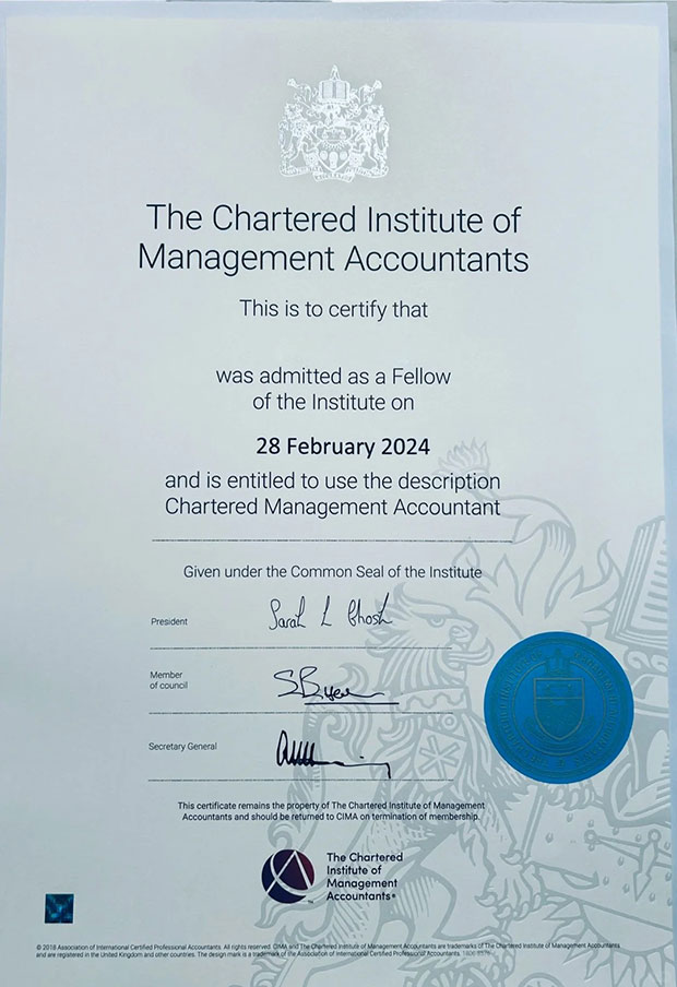 Sample of 2024 CIMA certificates