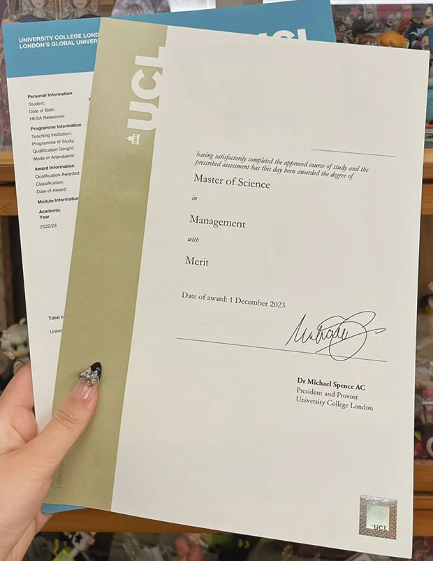 2023 UCL Degree Certificate Sample