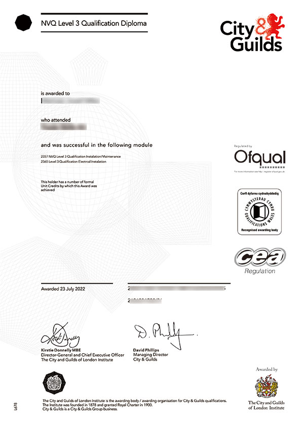 City and Guilds certificate sample