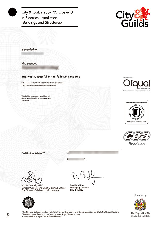 City and Guilds certificate sample